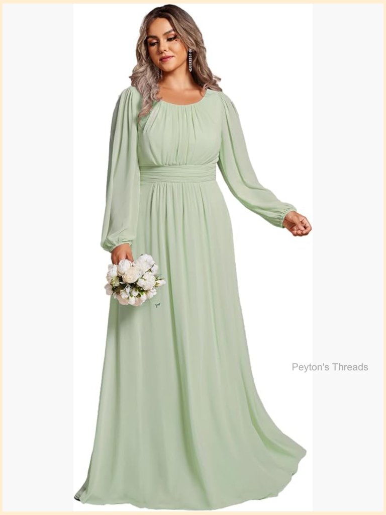 Plus Size Long Sleeve A-Line Chiffon Formal Bridesmaid Mother Of Bride Dress